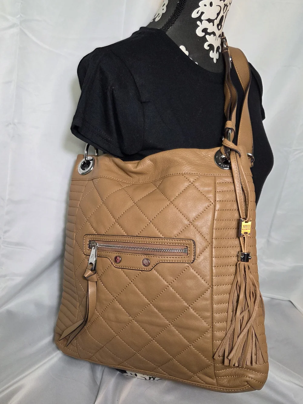 P121. Aimee Kestenberg Quilted Camel Shoulder Bag with Tassel